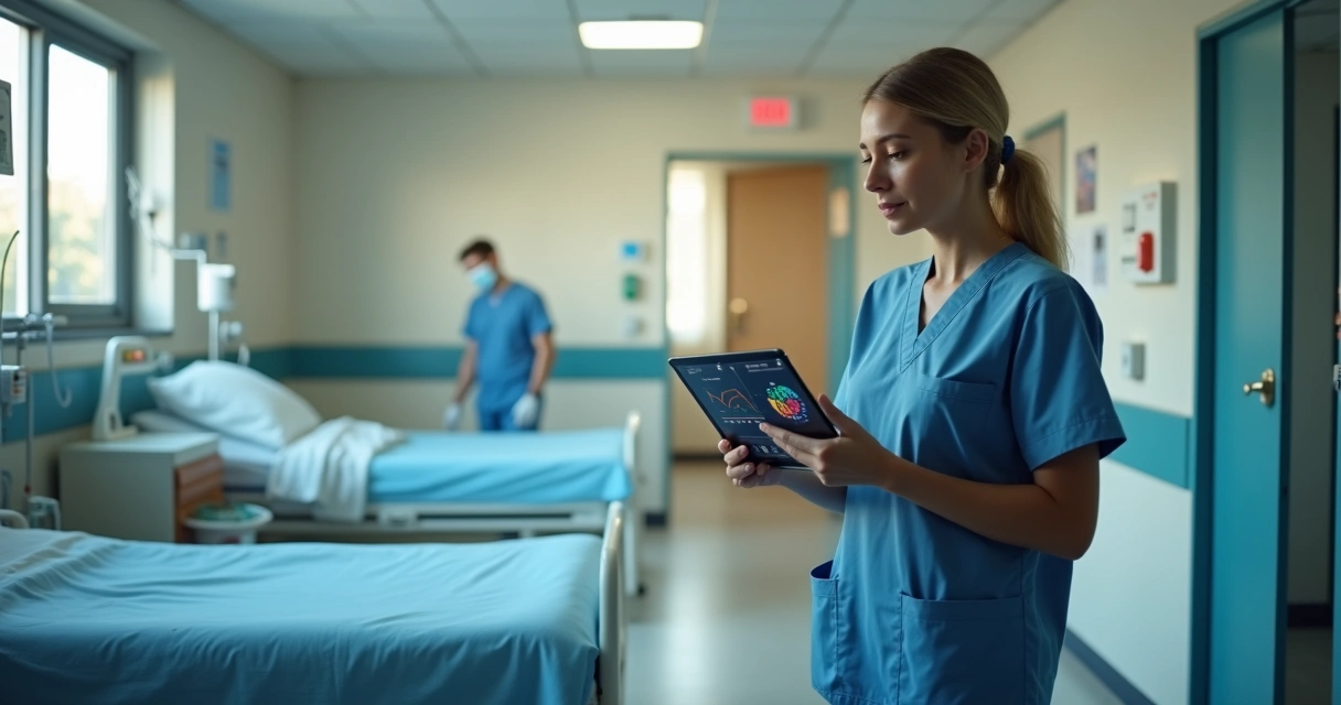 Enfermeira confere tablet com painel de monitoramento em leitos de pequeno hospital 