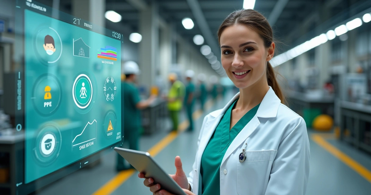 Profissional de enfermagem do trabalho analisando dados de segurança em indústria moderna 