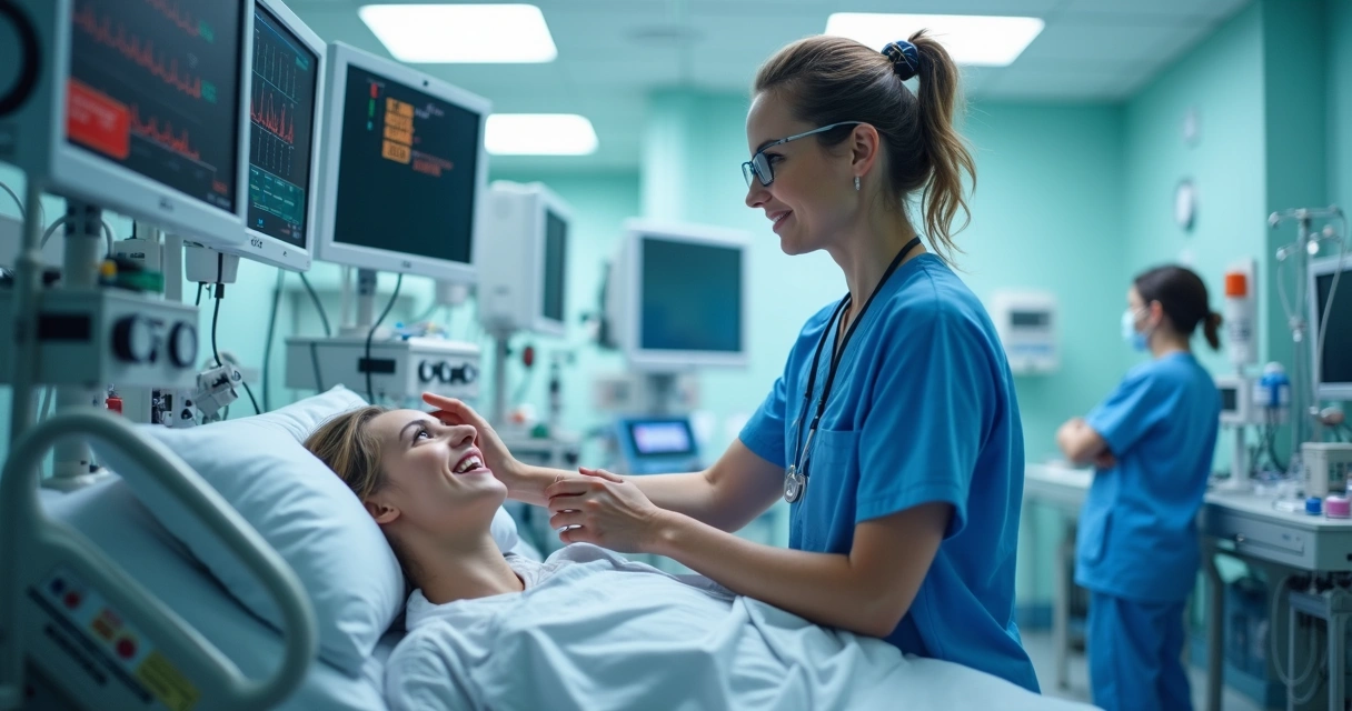 Enfermeira trabalhando em UTI com equipamentos médicos 