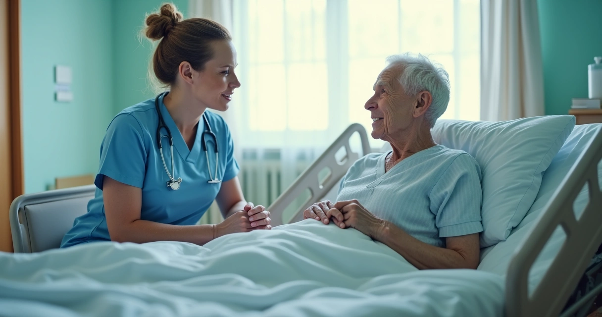 Enfermeiro dialogando com acompanhante de idoso em sala hospitalar 