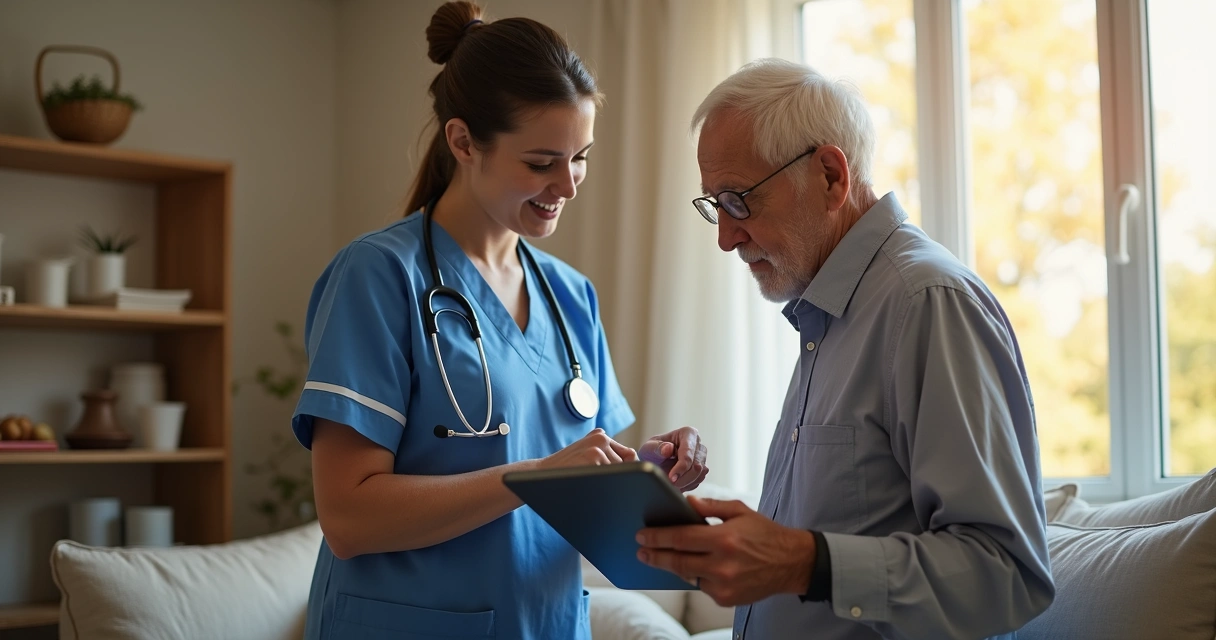Enfermeiro usando tablet ao lado de paciente em casa