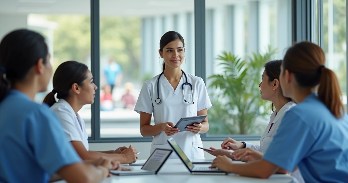 Enfermeiro liderando discussão em equipe multidisciplinar 