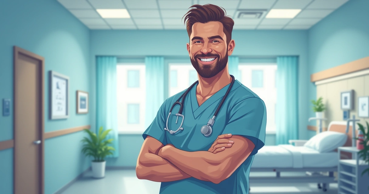 Enfermeiro sorridente em hospital, simbolizando crescimento profissional 