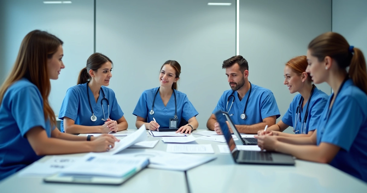 Enfermeiros reunidos discutindo relatórios de auditoria em uma mesa em ambiente hospitalar 