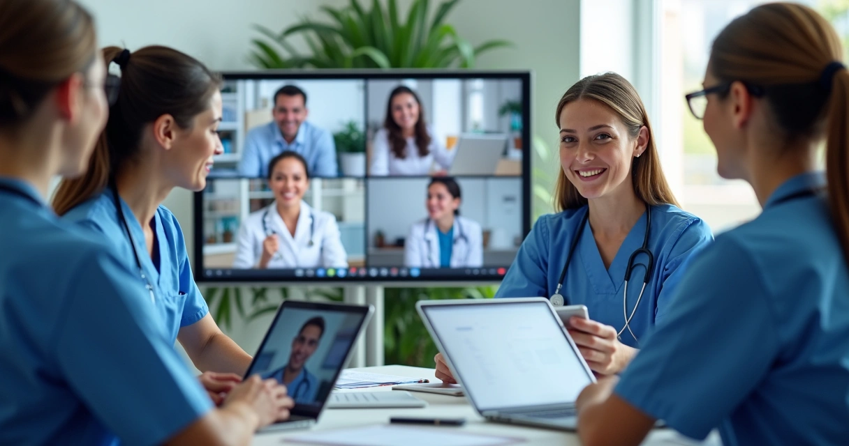 Profissionais de enfermagem discutindo em ambiente virtual de estudos 