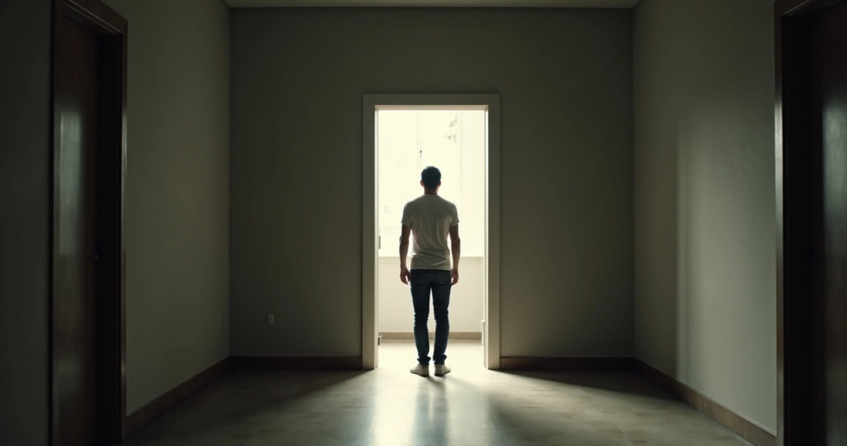 Pessoa enfrentando seus medos diante de uma porta entreaberta 