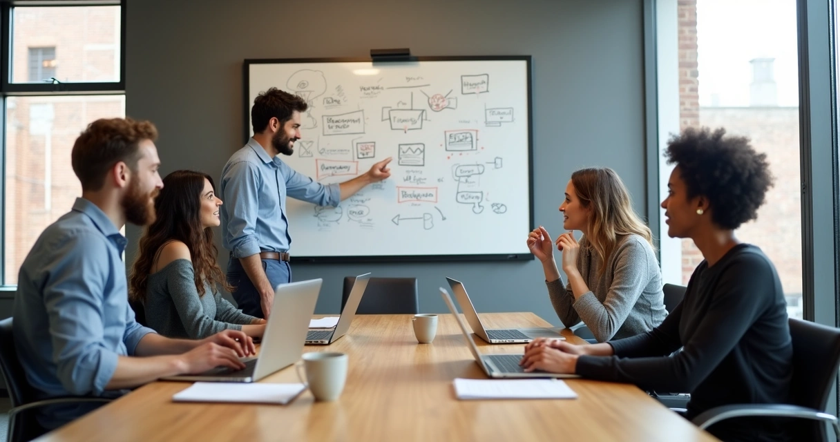Employees in a relaxed meeting around a modern office table 