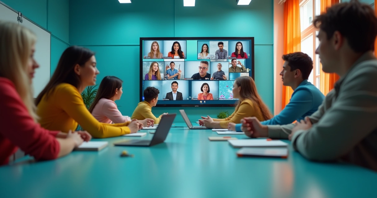 Alunos engajados participando de videoaula online interativa 