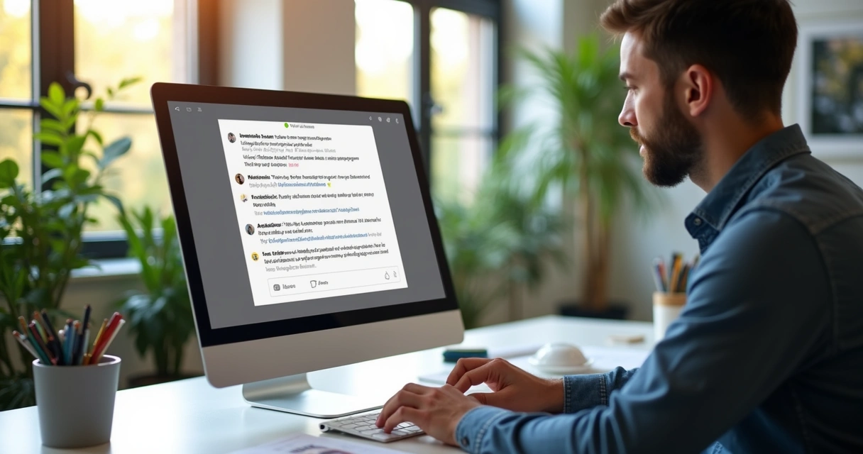 Profissional de arquitetura interagindo em tela de computador com comentários no Instagram, ambiente claro, escritório moderno com plantas ao fundo 