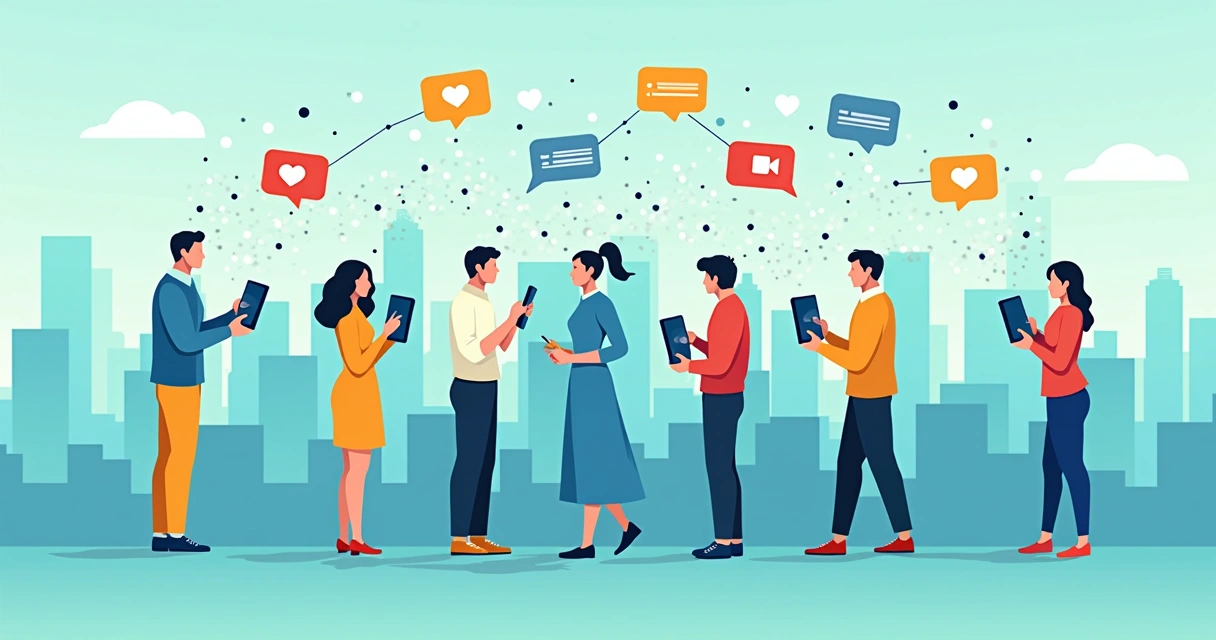Cidadãos conectados digitalmente em rede, ícones de curtidas e comentários 
