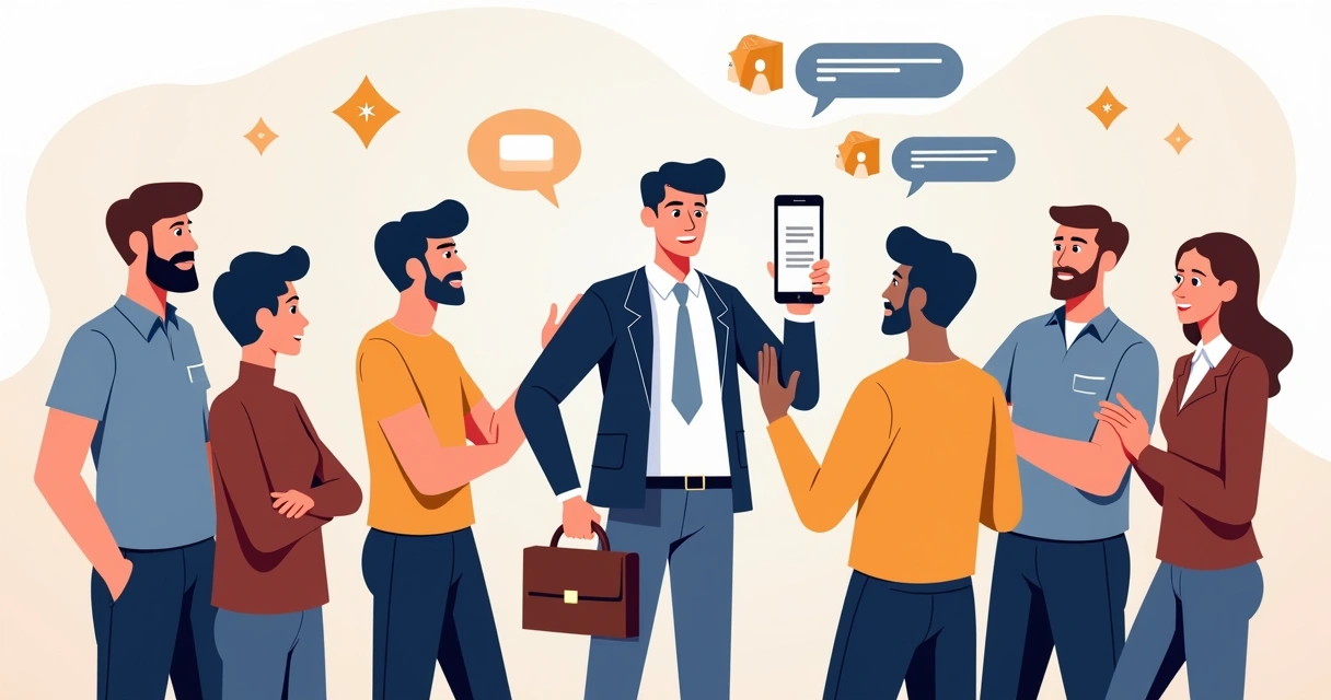 Pessoas interagindo com sindicalistas por celular
