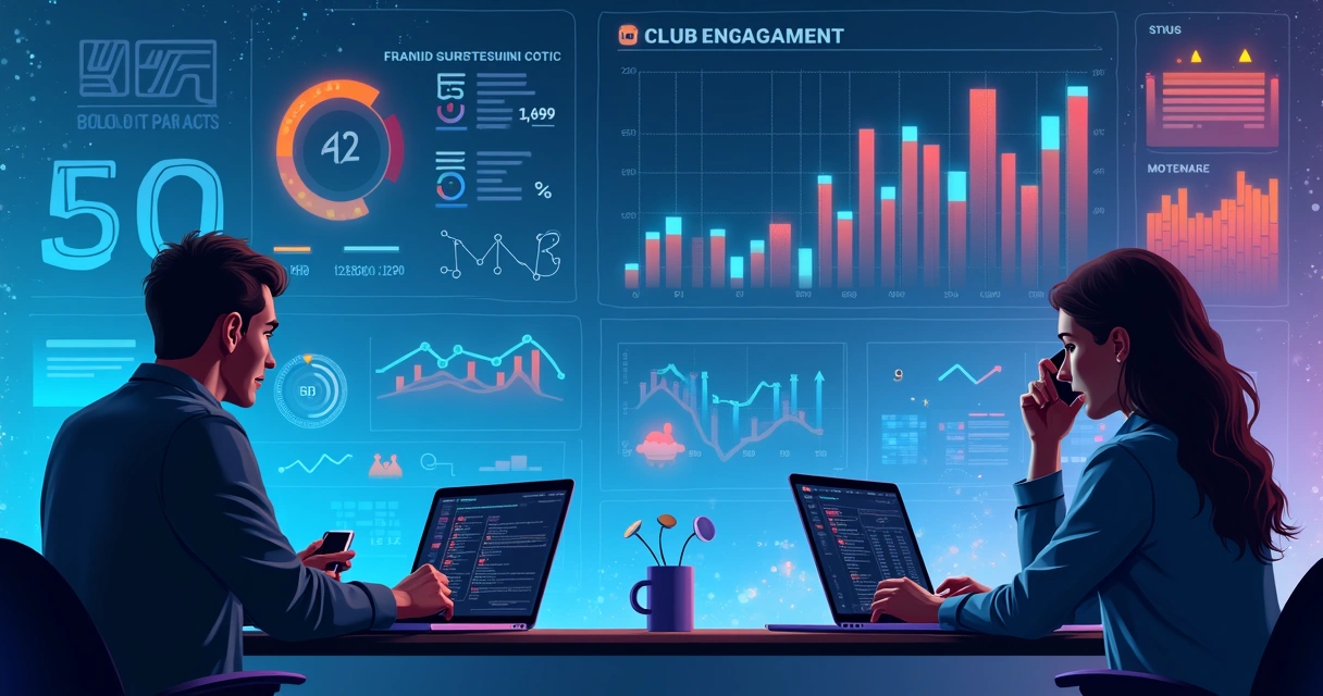 Gráfico com linhas descendentes e pessoas olhando para telas com pouca interação. 