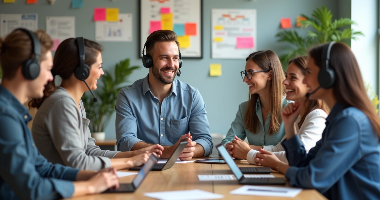 Equipe de atendimento conversando animada com cliente, papéis coloridos e gráficos de satisfação visíveis na sala 