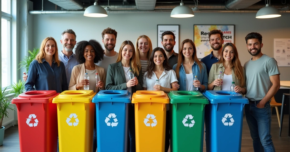 Equipe de colaboradores sorrindo ao redor de lixeiras seletivas.