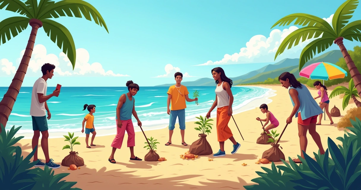 Grupo diversificado limpando a praia, plantando árvores sob um céu azul, transmitindo engajamento coletivo.