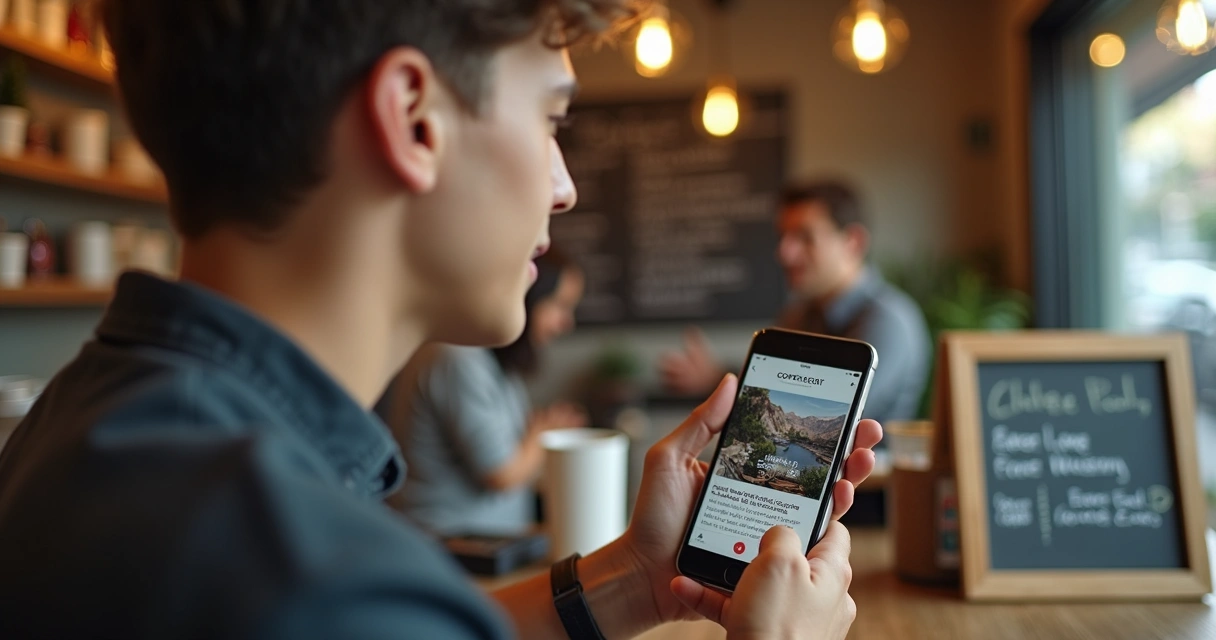 Pessoa mostrando celular com stories de enquete local em ambiente de café 