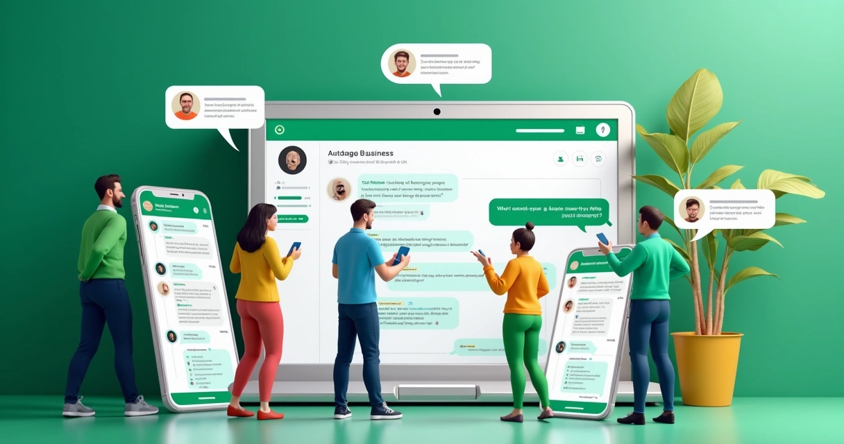 Participantes engajados em comunidade do WhatsApp Business com enquetes e mensagens