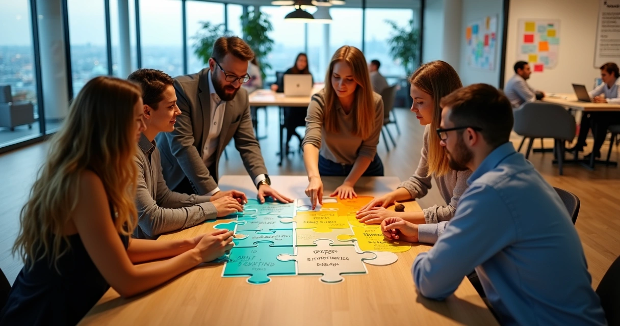 Equipe diversa conectando peças de quebra-cabeça de engajamento corporativo 