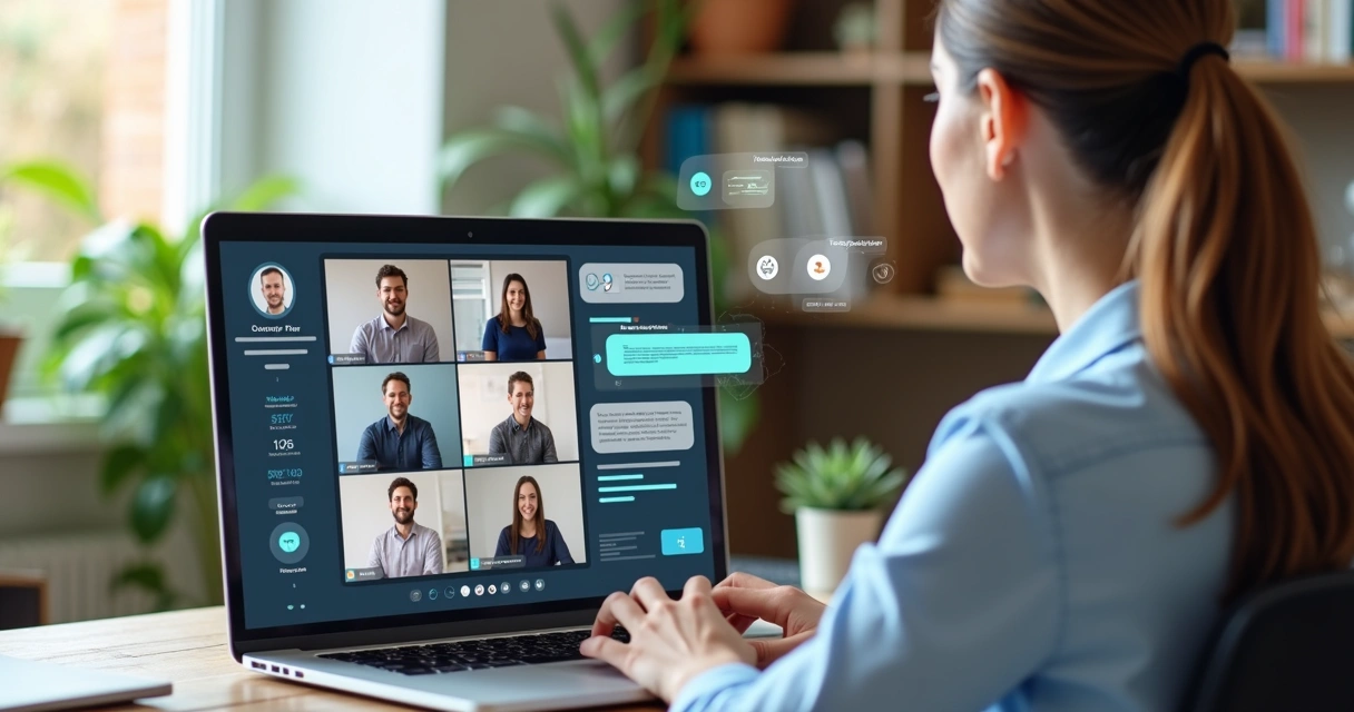 Professora online interagindo com alunos em videoconferência de plataforma EAD moderna 