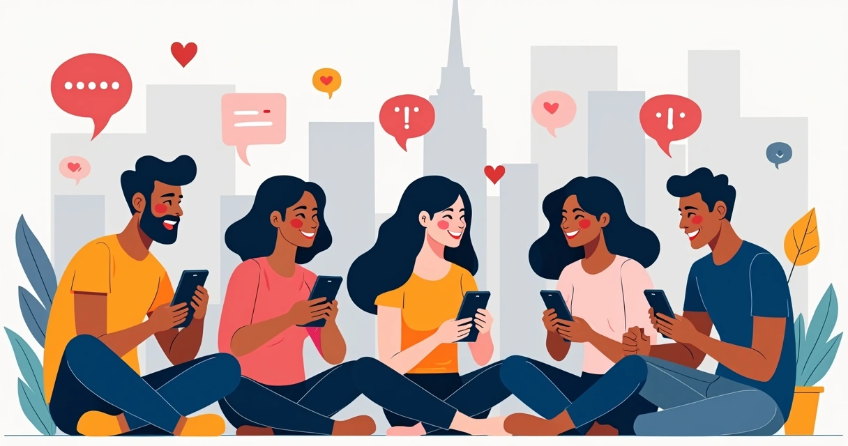 Grupo diverso de jovens assistindo juntos a vídeos políticos curtos em smartphones, rindo e debatendo