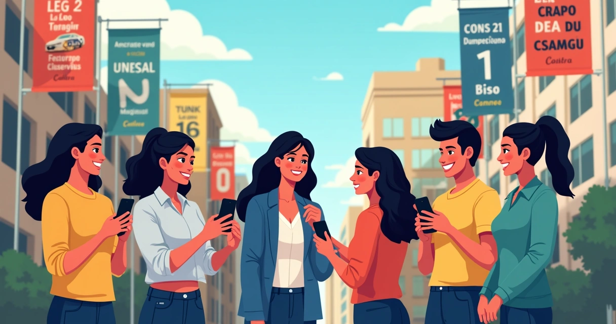 Jovens adultos em ambiente urbano interagindo com campanha política em smartphones 