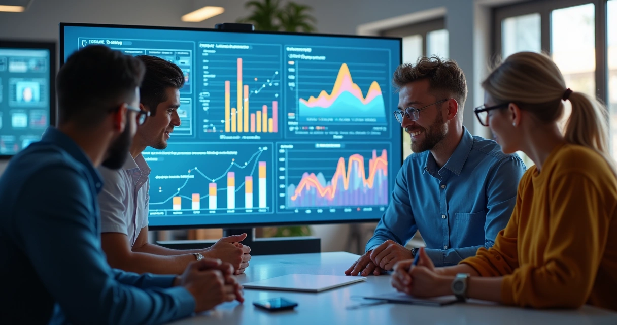 Equipe de trabalho interagindo em ambiente corporativo moderno com gráficos de engajamento digital no fundo 