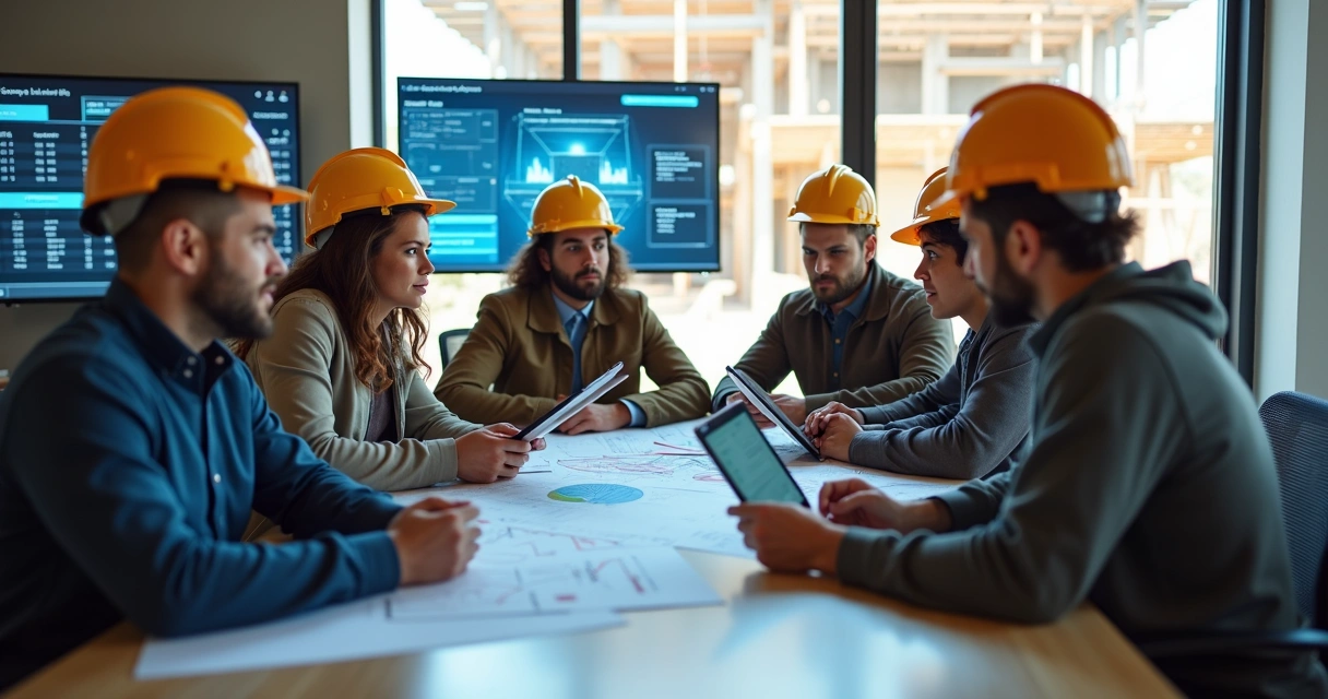 Equipe técnica em reunião de obra usando tablets e laptops para treinamento de tecnologia digital 