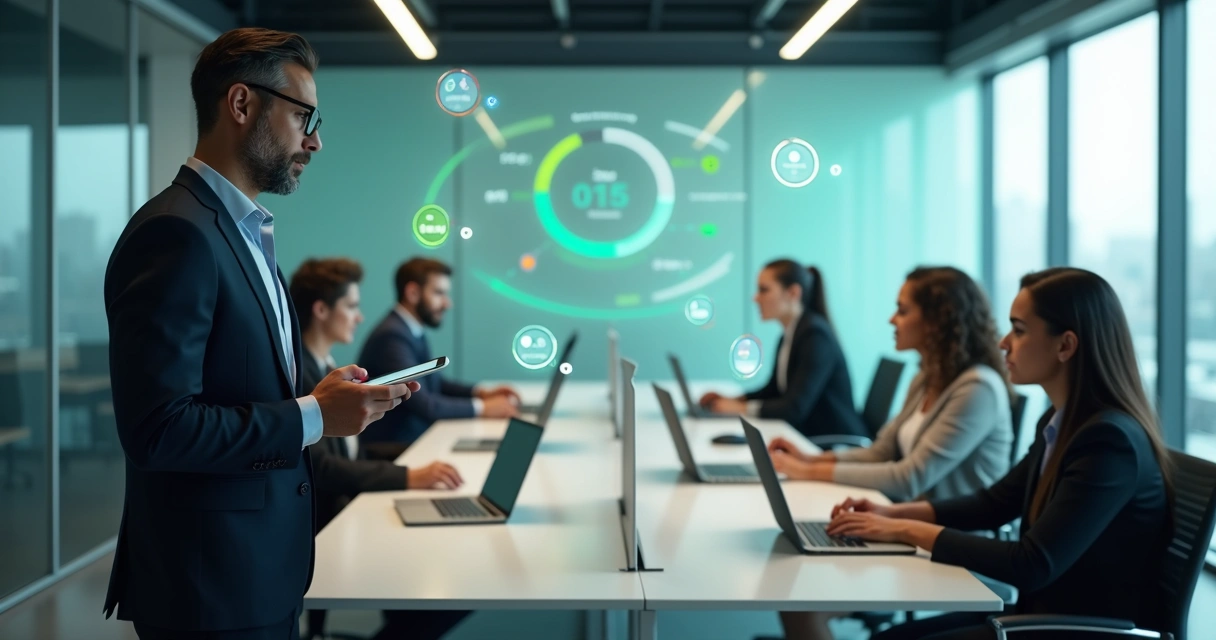 Gestor observa equipe de vendas em estações coloridas conectadas a painel digital de métricas de WhatsApp 