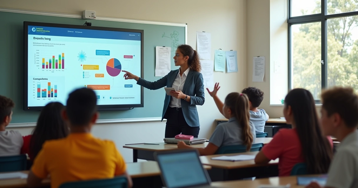 Turma diversa de alunos participando ativamente de aula com professora em escola privada 