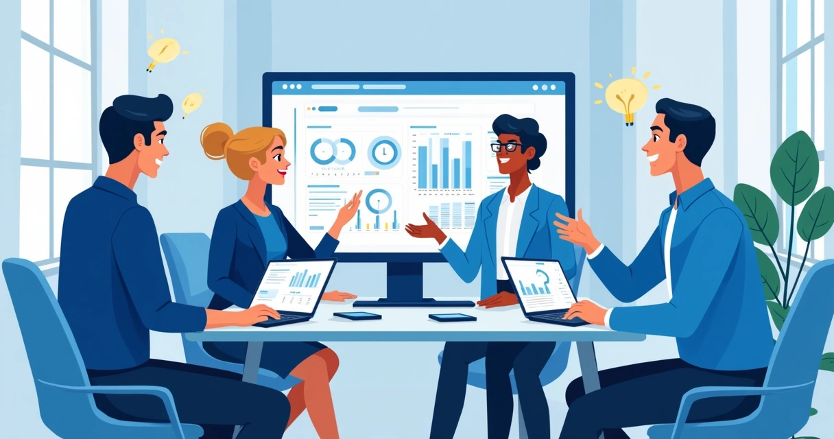 Equipe financeira feliz usando tecnologia em ambiente moderno