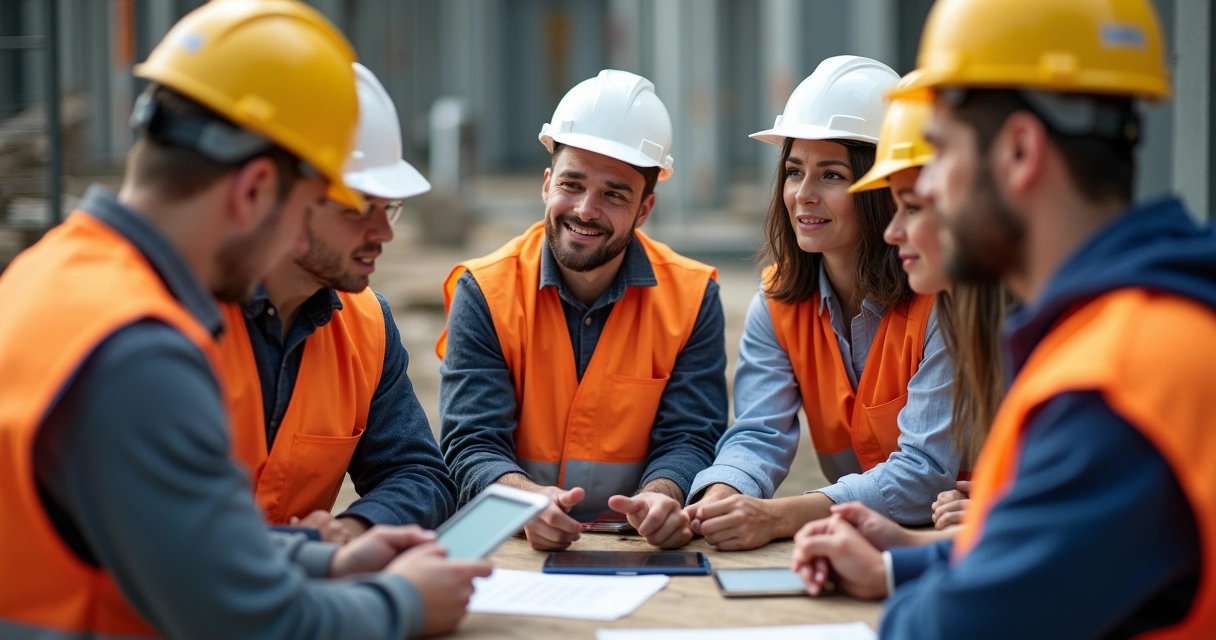 Profissionais da construção civil reunidos em treinamento prático com tablets e capacetes, ao fundo materiais de obra 