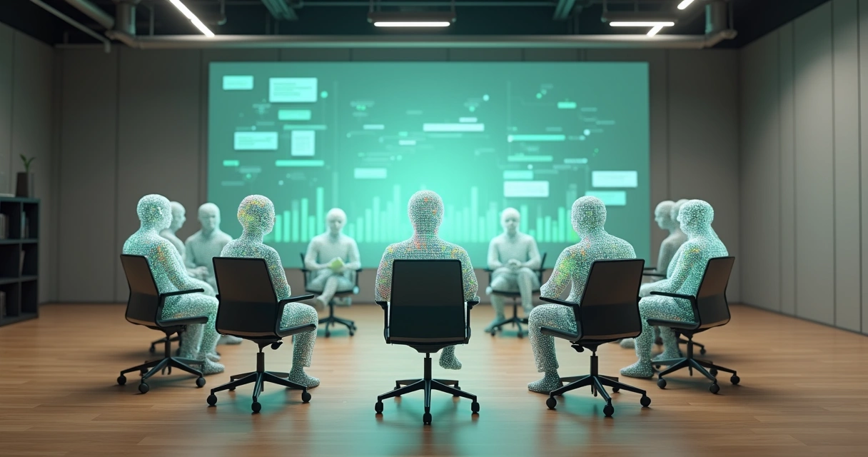 Ilustração realista de círculo de cadeiras com avatares digitais e mensagens flutuando 