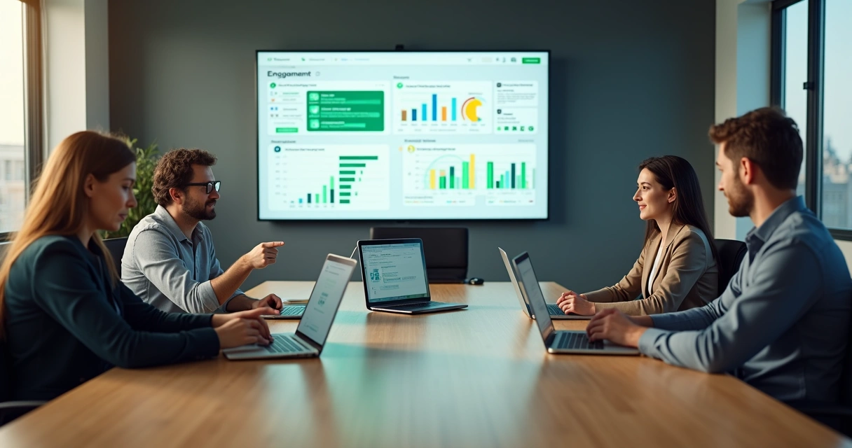 Equipe em reunião analisando painel de engajamento em grupo de trabalho online 