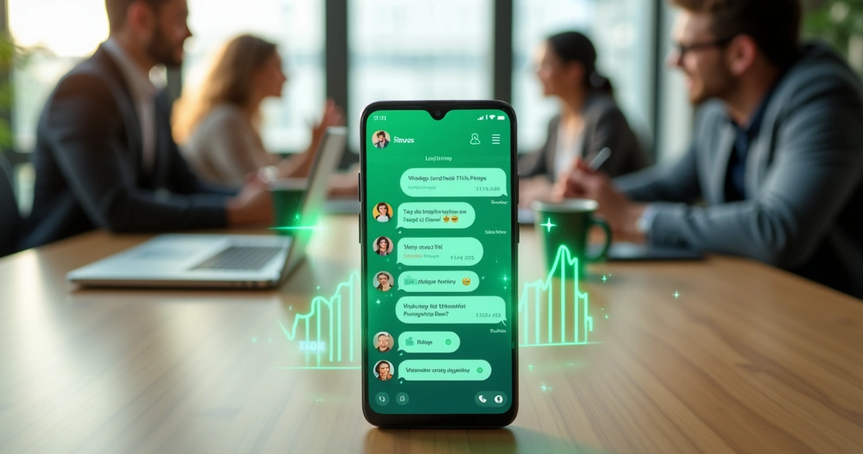 Tela de celular mostrando grupo de mensagens com gráfico de engajamento em alta 
