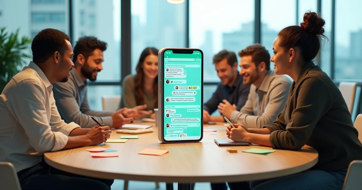 Grupo variado em mesa redonda olhando para smartphone gigante no centro 