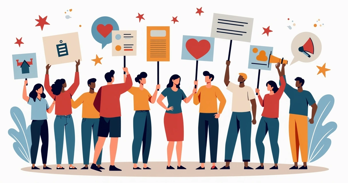 Membros em círculo levantando juntos faixas de campanha 
