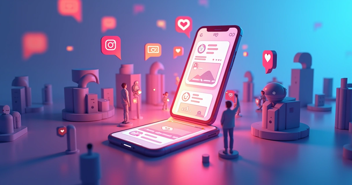 Celular mostrando postagem colorida do Instagram, com interações em destaque e multidão de seguidores ao fundo.