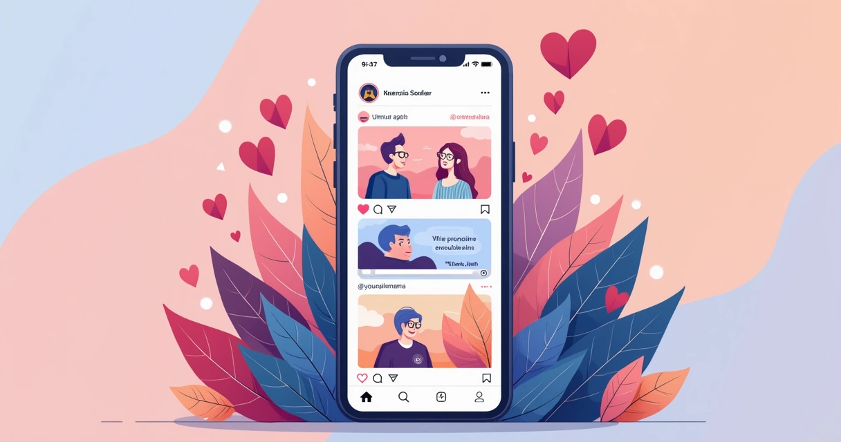 Ilustração de um feed do Instagram mostrando interações, moda e viagem com engajamento visual.