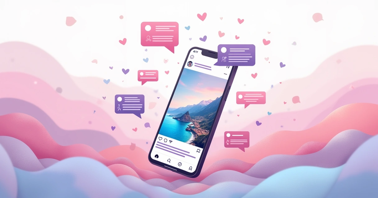 Ilustração sobre engajamento no Instagram com um telefone mostrando interações em uma postagem de viagem.