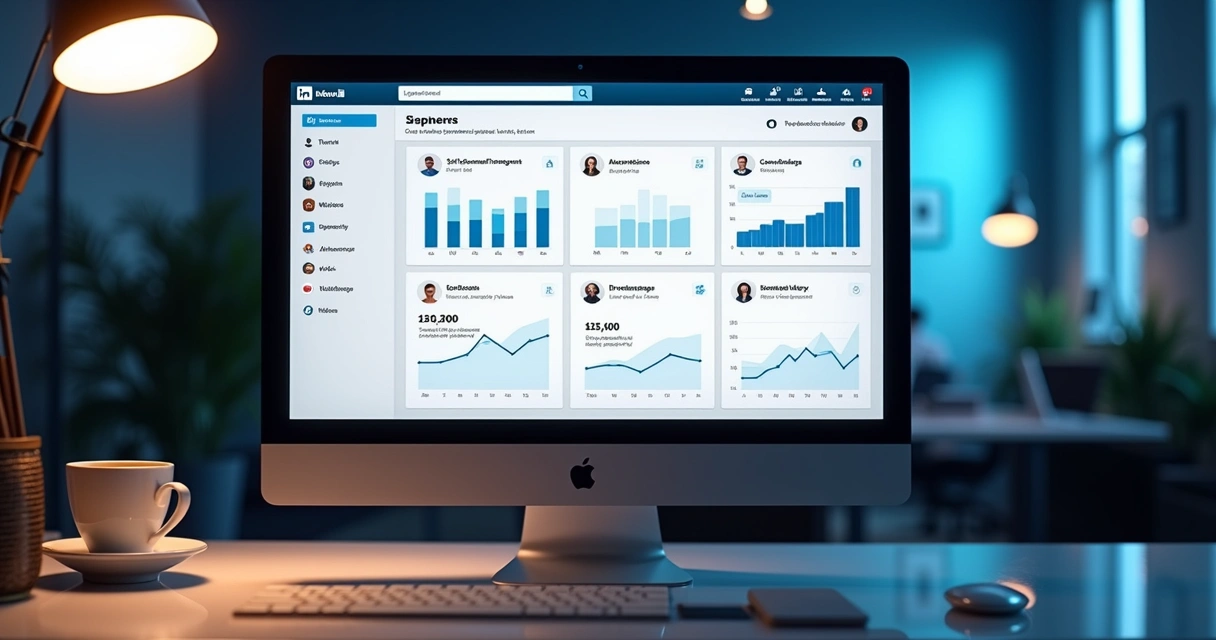 Dashboard de engajamento no LinkedIn mostrando métricas de comentários, visualizações e mensagens diretas 