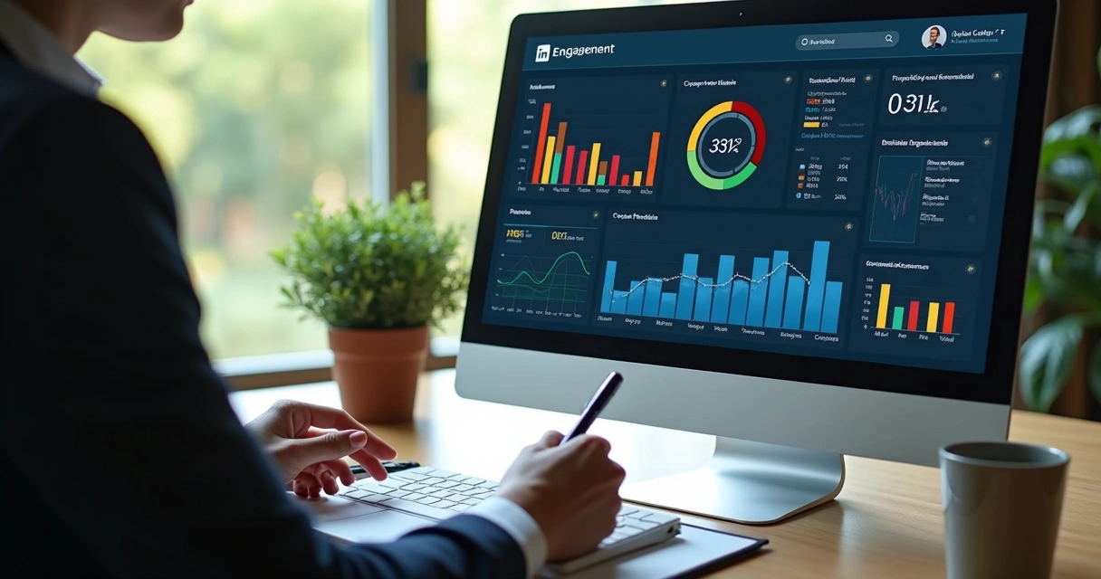Dashboard com gráficos de engajamento do LinkedIn sendo analisados por profissional. 