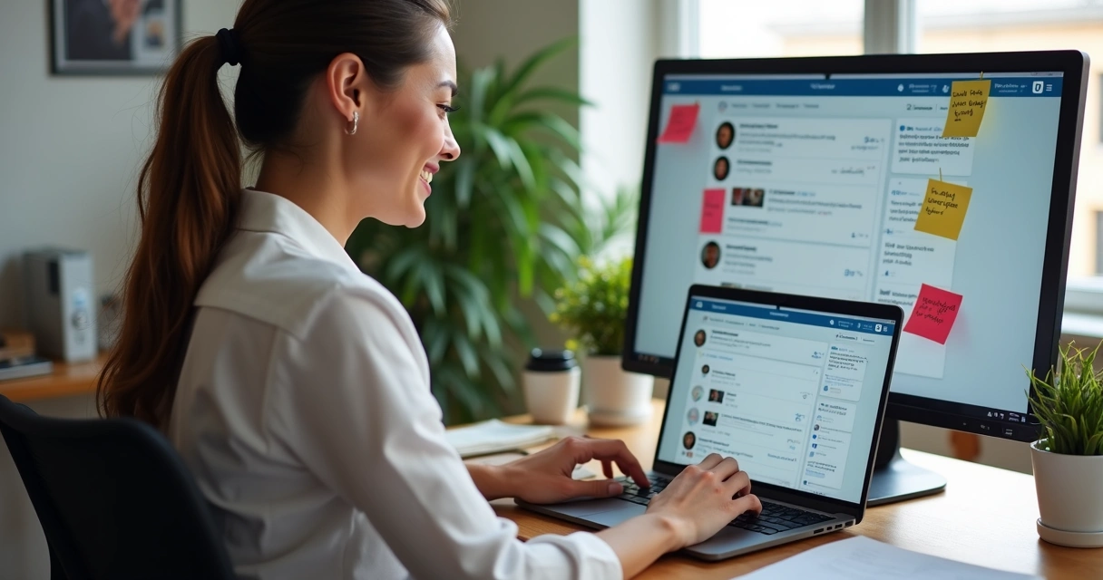 Pessoa em frente ao computador interagindo com vários perfis no LinkedIn