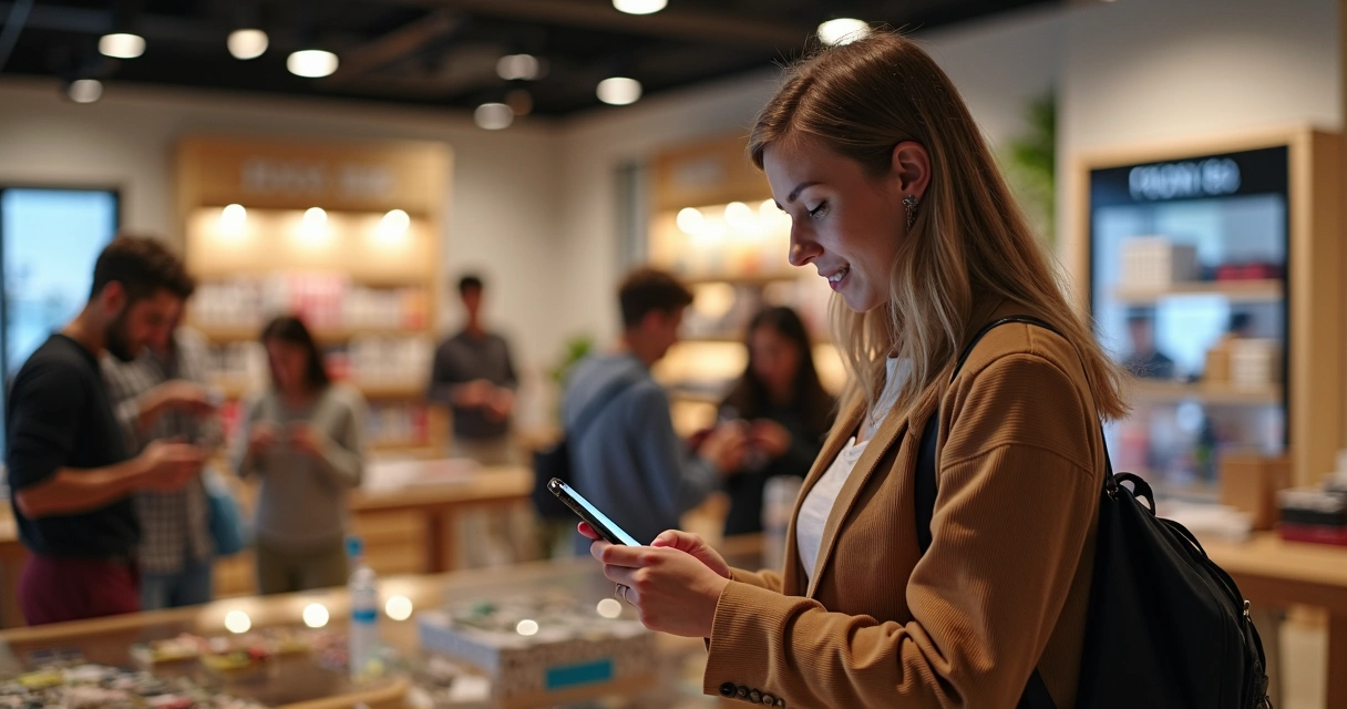 Pessoas interagindo em loja física e comentários em celular sobre atendimento 