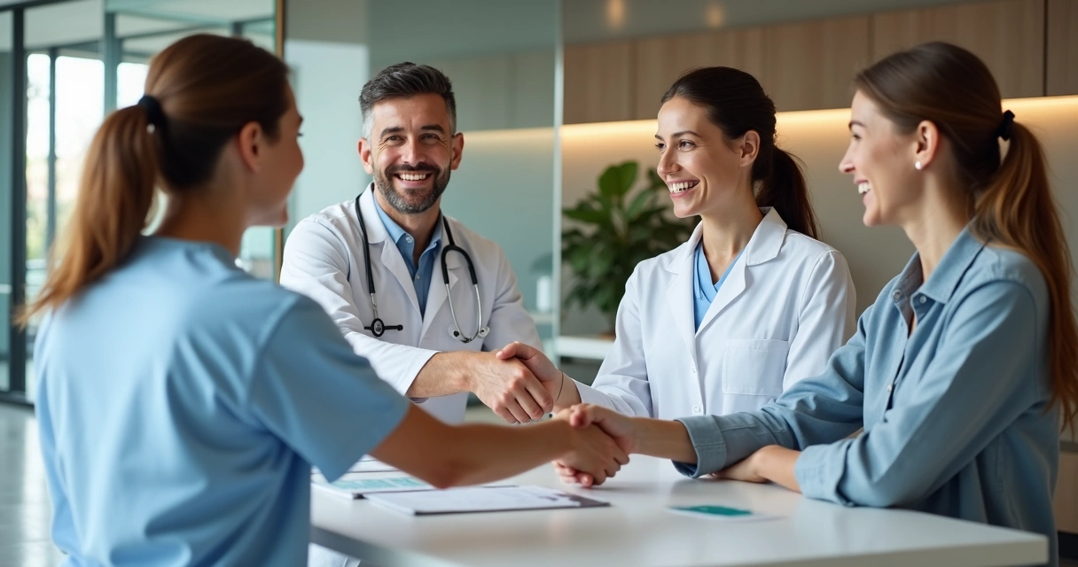 Equipe odontológica cumprimentando pacientes felizes na clínica 