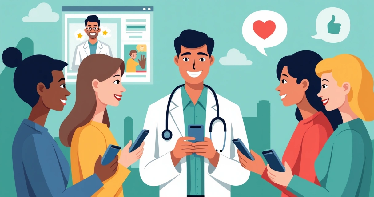 Ilustração de pacientes interagindo com médico no Instagram 