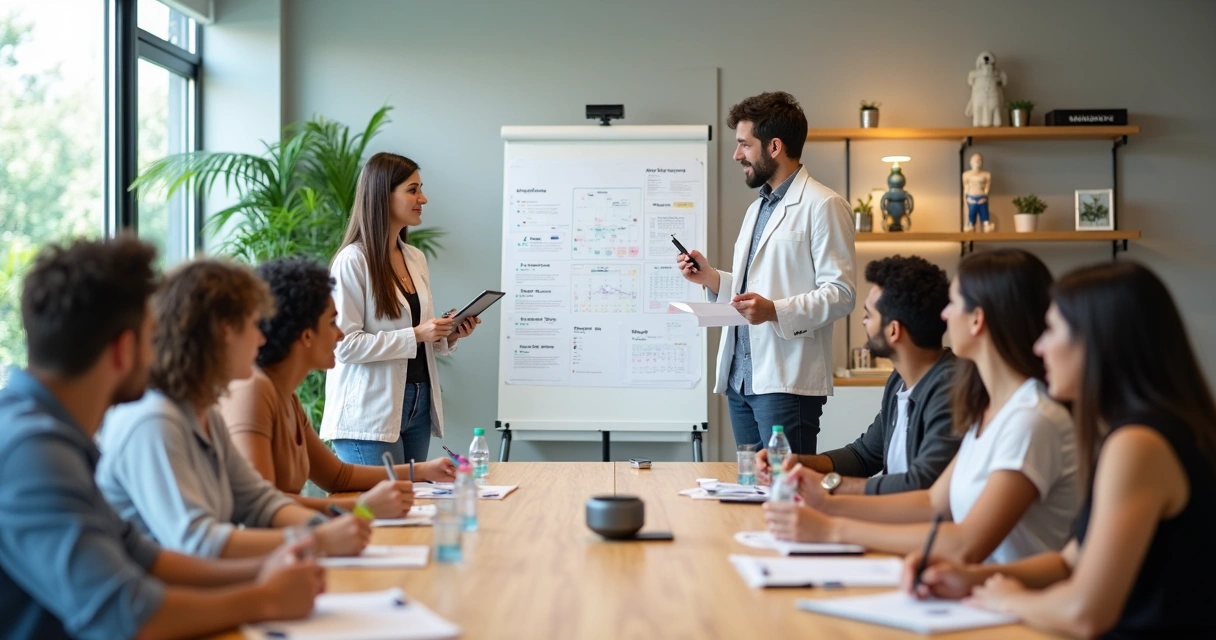 Nutricionista conduzindo sessão de acompanhamento em grupo com foco em engajamento contínuo 