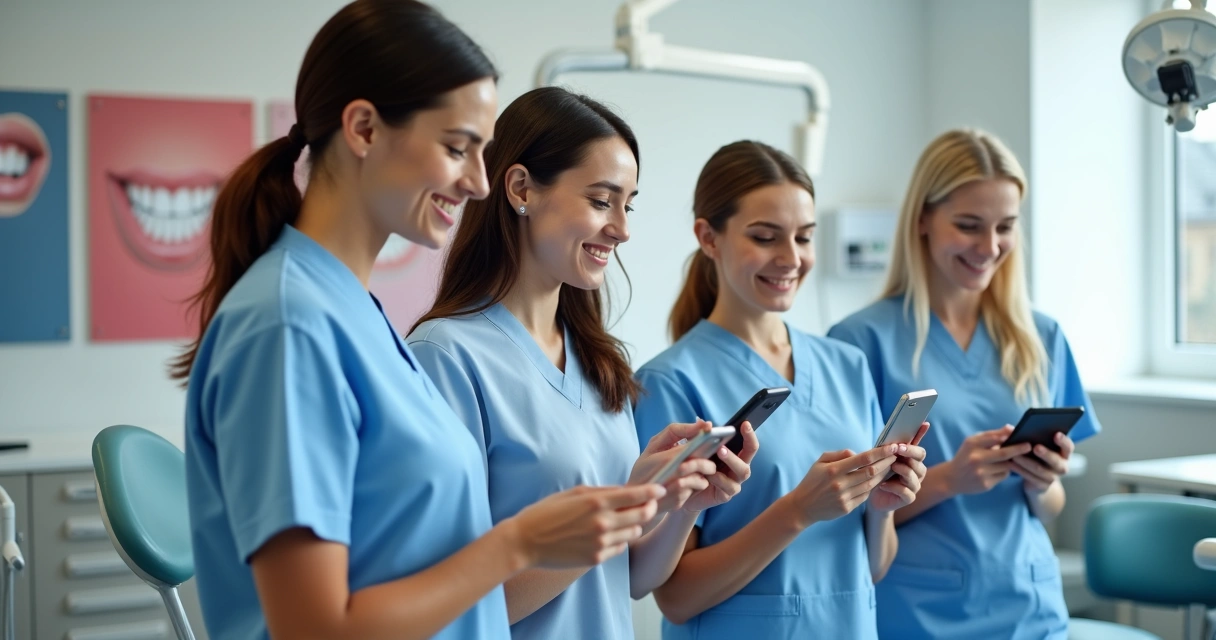 Equipe odontológica interagindo com pacientes via smartphone