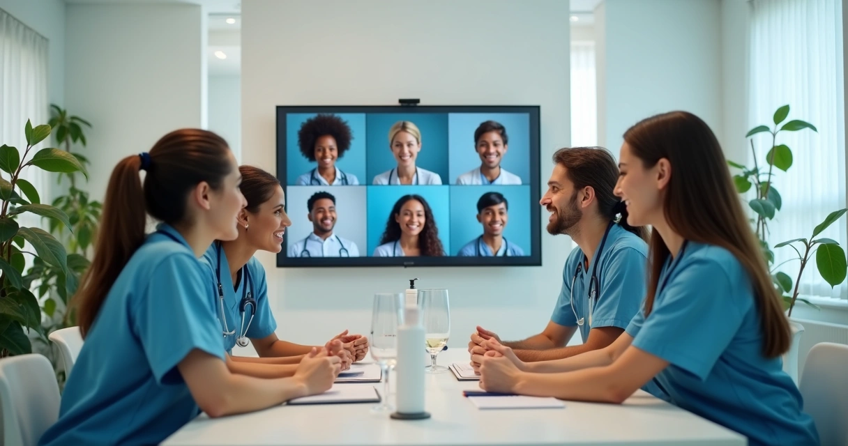 Equipe de clínica usando WhatsApp para engajar pacientes em ambiente moderno 