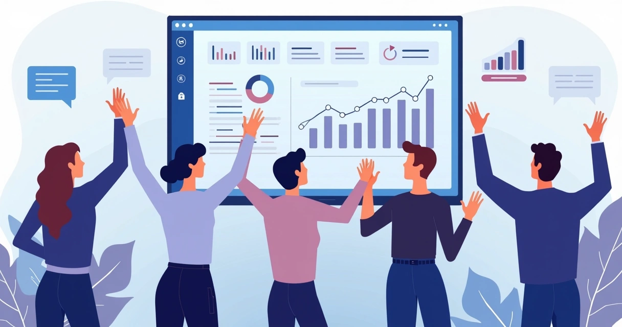 Parceiros externos celebrando em frente a dashboard mostrando evolução de resultados 
