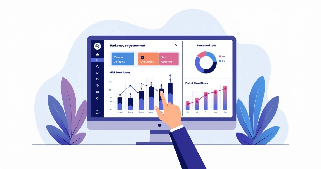 Telas de dashboards, mostrando engajamento de parceiros e evolução de receita 